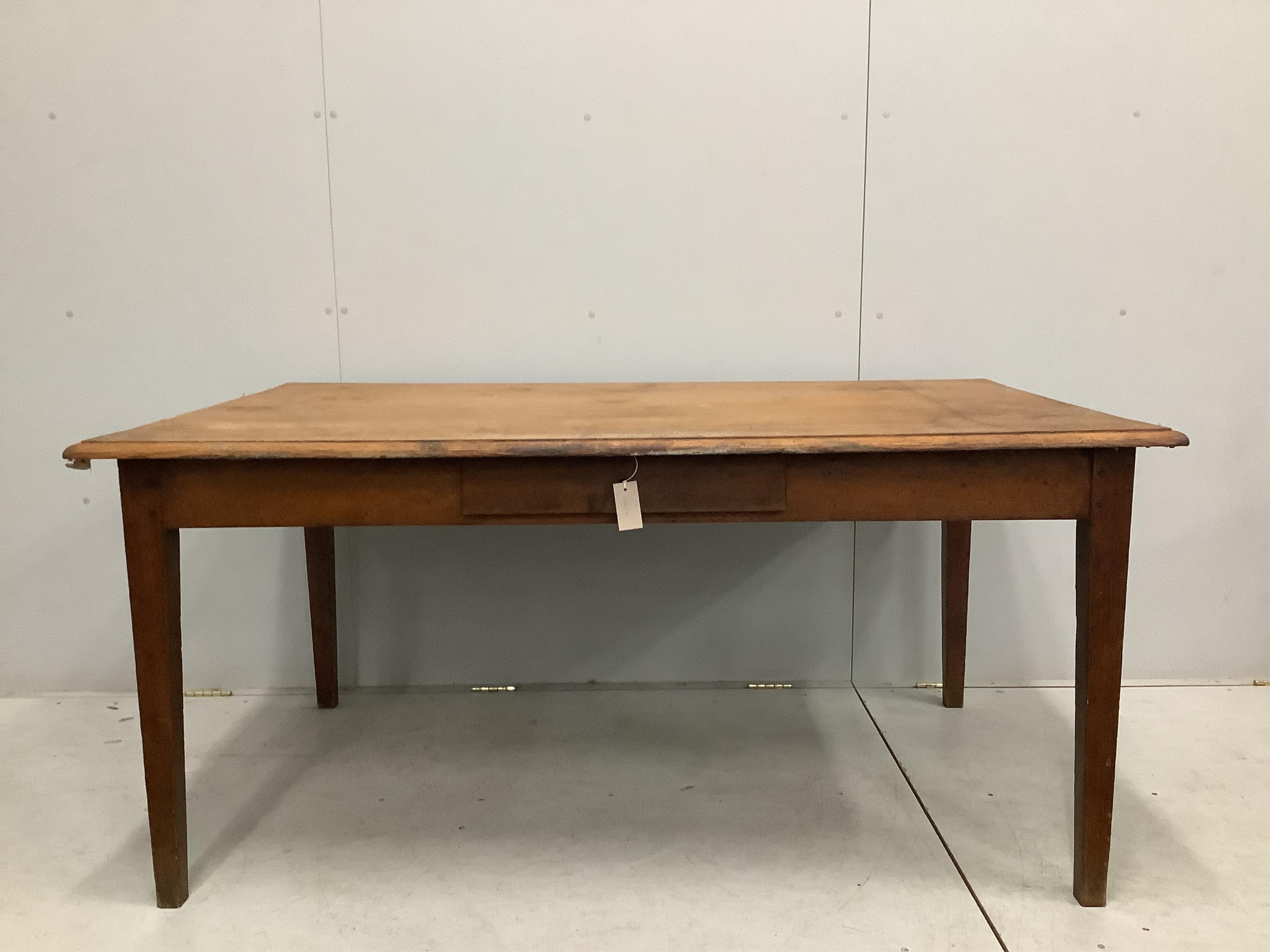 A 19th century French rectangular oak kitchen table, width 160cm, depth 98cm, height 74cm. Condition - poor